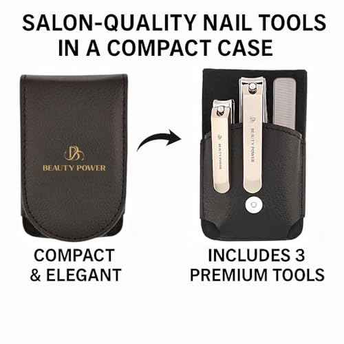 Nail Clippers Set 3 in 1 - Stainless Steel Toe Nail Clippers, Fingernail Clipper, Glass Nail File, Anti Splash, Ergonomic Grip in PU Leather Travel Case for Men & Women (Black Case)