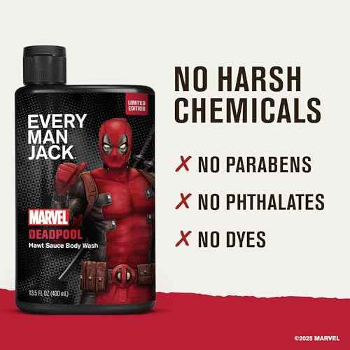 Every Man Jack Deadpool Men's Body Wash - Plant-based Cleansers & Moisturizers - Free of Parabens, Pthalate, and Dyes - 13.5 fl oz (2 Pack)