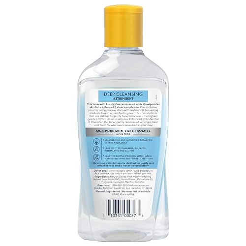 Dickinson's Enhanced Witch Hazel Deep Cleansing Astringent, Menthol and Eucalyptus, 92 % Natural Formula, 16 Fl. Oz.