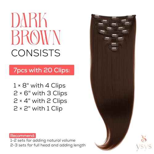 YSYS Clip in Hair Extensions - 100% Human Hair Remy Hair Extensions for Women - 7 Pieces, 120g Seamless Clip ins for Extra Volume/Style - Natural Straight (Darkest Brown #2, 20 inches)