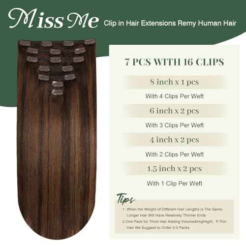 Missme Clip In Hair Extensions Real Human Hair,14in 110g 7pcs Balayage Dark Brown Mixed Chestnut Brown Invisible Straight Seamless Clip Ins Hair Extensions For Women