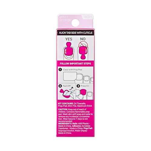 KISS imPRESS No Glue Mani 30 Pcs Press On Toenails, Hot Pink Stick On Extension False Nails for Toes, Peel & Press Easy Apply, Hassle-Free Removal, Includes Manicure Stick, Prep Pad & File