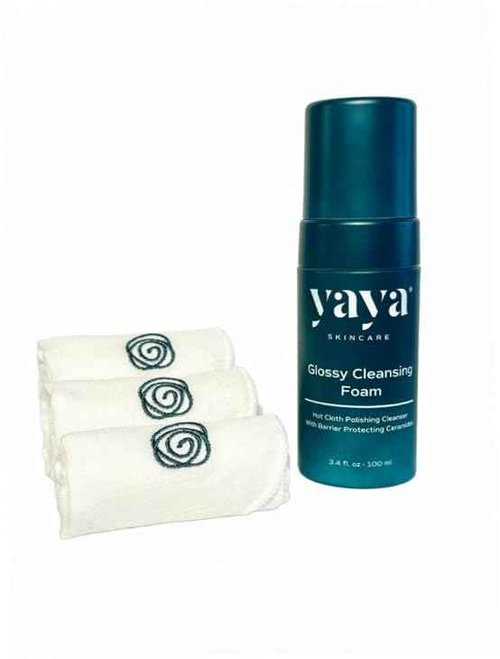 Yaya Glossy Cleansing Foam With Ceramides and Vitamins to Cleanse and Nourish the Skin Barrier-Perfect for Teens, Tweens, & Adults with Sensitive Skin. BONUS! Includes 3 Cotton Exfoliating Face Cloths