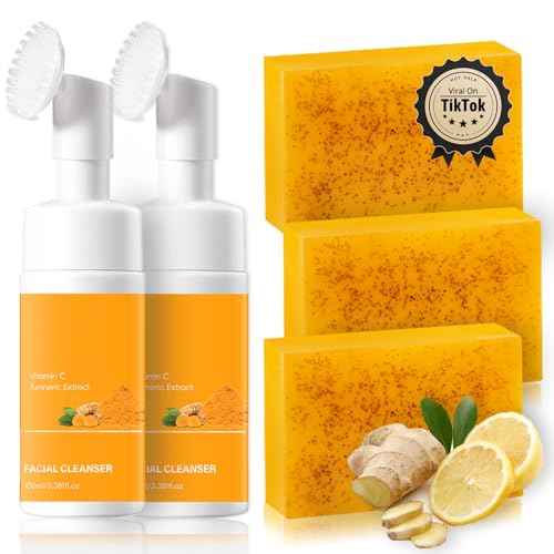 Turmeric Wash and Care 2 Piece Set ? 2 bottles turmeric face wash with brush + 3 Pack Cleansing Soap Bars for Face and Body, Turmeric Face Wash and Soap Combo for All Skin Types