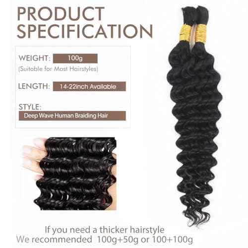 Odir 20 Inch Deep Wave Bulk Human Hair for Braiding No Weft 100% Unprocessed Brazilian Curly Braiding Human Hair Extensions Wet and Wavy Human Braiding Hair for Boho Braids 2 Bundles 100g