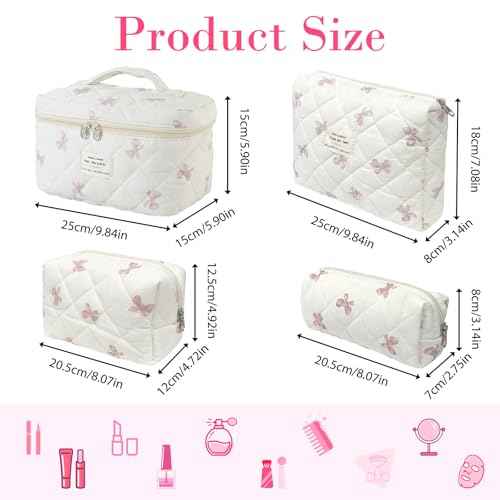 Quilted Makeup Bag, Large Capacity Travel Cosmetic Bag for Women and Girls, Aesthetic Storage for Daily and Travel Use (4pcs-pinkbow)