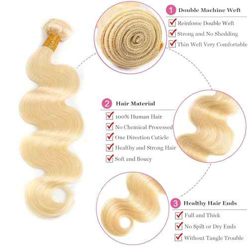 613 Blonde Body Wave Human Hair Bundles - 100% Unprocessed Virgin, 22 inch Weave Extensions