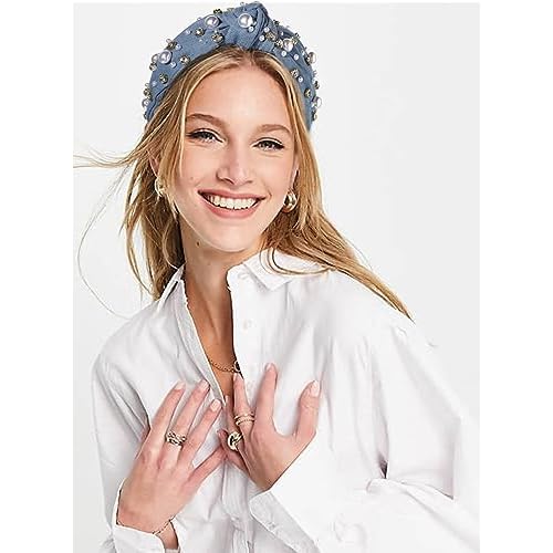 Pearl Knotted Headband for Women White Pearl Rhinestone Crystal Jeweled Embellished Hairband Fashion Elegant Ladies Wide Top Knot Bride Boho Head Band Headpieces Bachelorette Party Hair Accessories