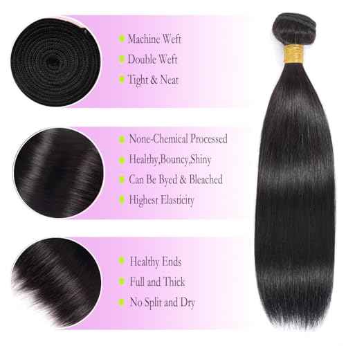 Straight Human Hair Bundles,Brazilian Virgin Human Hair Bundles Straight,100% Unprocessed Raw Human Hair Extensions 14 14 14 Inch,No shedding No Tangle Double Strong Weft,Natural Black Color