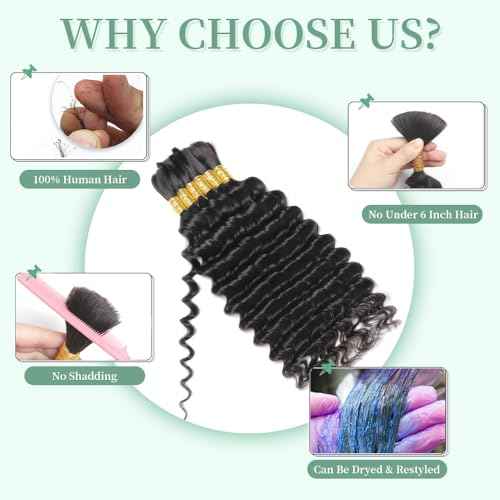 Human Braiding Hair for Boho Braids 150g 6 Bundles/Pack 20 Inch Deep Wave Bulk Human Hair for Braiding Curly Boho Hair for Braiding 12A Human Hair Braiding Hair Wet and Wavy Natural color