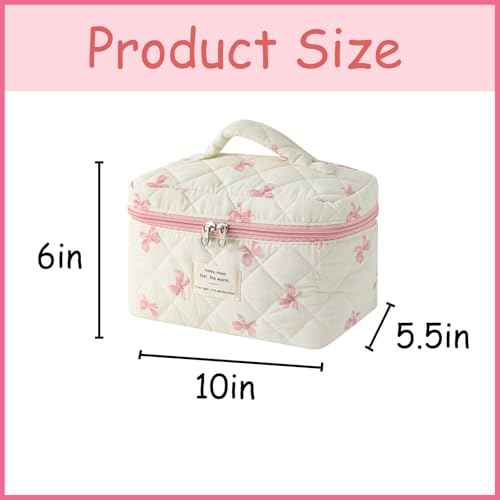 uekeboag Large Travel Quilted Makeup Bag for Women, Floral Cotton Cosmetic Bag, Coquette Aesthetic Floral Toiletry Organizer Bag