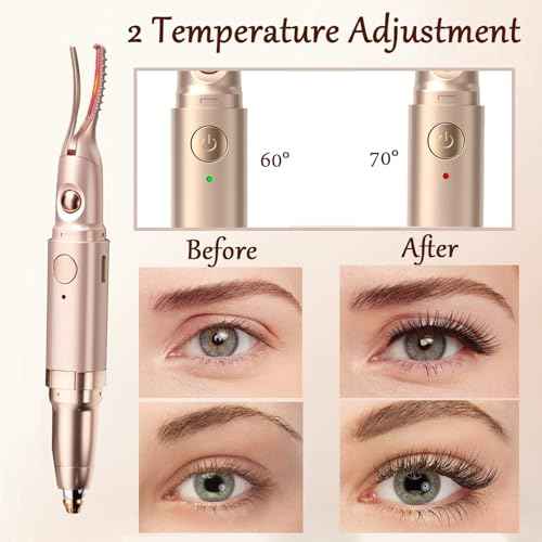 2 in 1 Heated Eyelash Curlers and Eyebrow Trimmer for Women, Electric Eyelash Curler with 2 Temperature Modes Anti-Burn USB Rechargeable Heated Eyelash Curler, Ideal Gift for Women (Gold)