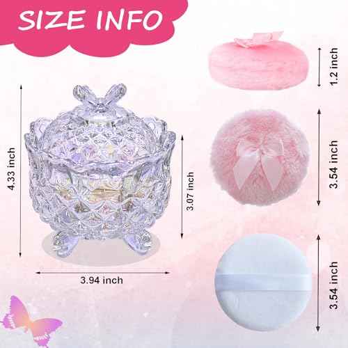 5 Pieces Large Body Powder Puff and Powder Container, Crystal Case for Dust Puff, Powder applicator with Box for Face and Body (Glitter, Butterfly)
