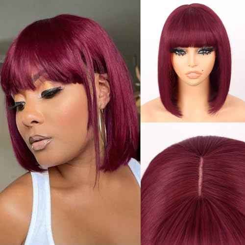G&T Wig 99J Burgundy Straight Human Hair Lace Bob Wig With Bangs Realistic Look 2x1 HD Lace Glueless Wigs Blunt Cut 12 Inch Short Straight Human Hair Wigs for Black White Women