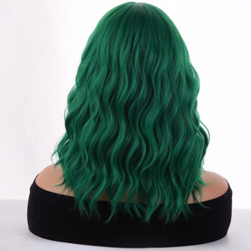 WTHCOS Green Wig Short Bob Wig Short Curly Wavy Wig With Bangs for Women Green Wig Heat Resistant Synthetic Hair Wigs for Daily Use Cosplay Wig With Wig Cap