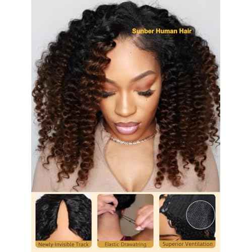 Sunber EasiContour V Part Human Hair Ombre Chestnut Brown Curly Glueless Wig Upgrade Vpart Wigs No Leave Out No Gel 180% Density V Shape Clip Wigs No Sew in Ready to Go Beginner Friendly 18Inch