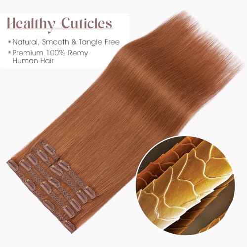 Elailite Clip in Hair Extensions Real Human Hair, Remy Hairpieces for Women, 7PCS Lace Weft Full Head, 20 Inch 120g Dark Auburn Copper Red