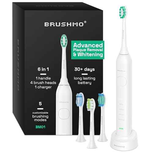 Brushmo Super Sonic Electric Toothbrush with 4 Replacement Heads - Rechargeable Electronic Tooth Brush for Adults with 5 Customizable Modes - IPX7 Waterproof & Long-Lasting Battery - White