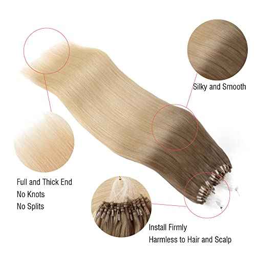 ABH AmazingBeauty Micro Links Hair Extensions - 24 Inch Ash Brown Ombre Platinum Blonde Human Hair - 50G 50S Micro Loop Balayage