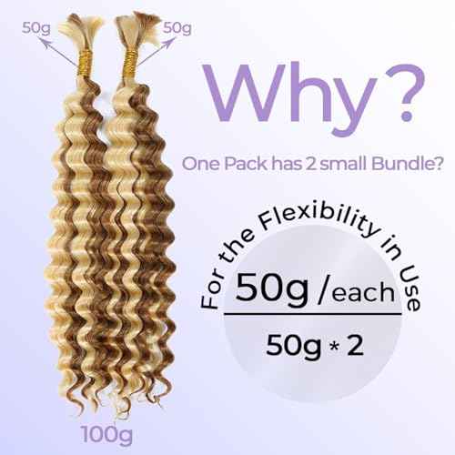 P27/613 Human Braiding Hair Highlight Blonde Boho Hair For Braiding Deep Wave Bulk Bundles 22 Inch Deep Curly Crochet Knotless Braids 100% Real Human Hair 100gram (2 of 50g)