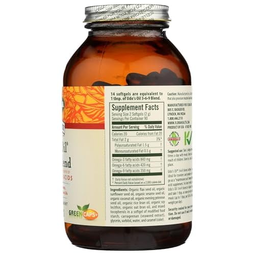Flora Udo's Oil 3-6-9 Blend - Contains Organic Coconut, Flax Seed Oil & More - 180 Vegetarian Softgels