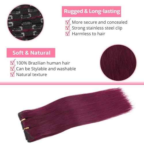 ShowJarlly Clip in Hair Extensions Real Human Hair 24 Inch Straight Clip Ins 8 Pcs Brazilian Remy Hair Extensions for Women #99J Burgundy 110g
