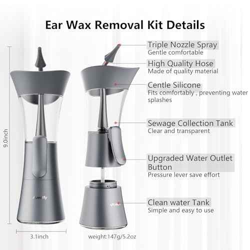 Manual Ear Wax Removal Kit - One-Hand Control Ear Cleaner Tool, Easy to Use Ear Irrigation Flushing System with Soft Silicone Tip for Effective & Safe to Clean Ear Built Up Wax Home Use(Gray)