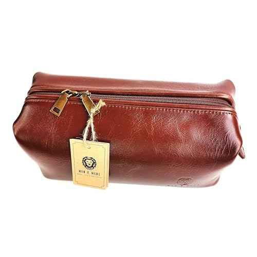 MAN & MANE Premium Leather Toiletry Bag for Men & Women ? Classic Dopp Kit Travel Shaving Bag (Cognac Brown)