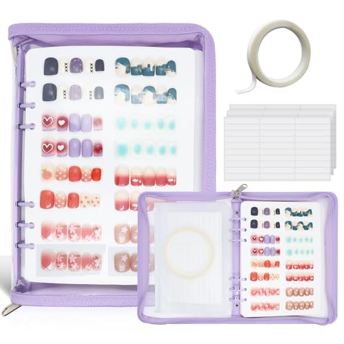 KEIFIN Press On Nail Storage Organizer Binder with 8 Insert Pages - A5 Size Reusable Fake Nail Swatch Collecting Book Polish Color Display Holder Container with Tape and Zipper Pocket (PURPLE)