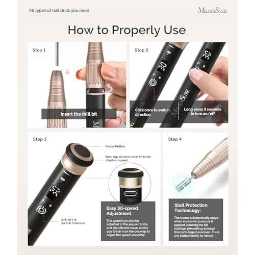 MelodySusie Pen-Shaped Stepless Speed Adjustment Cordless Nail Drill, SM220G 30000RPM Portable Rechargeable E-File with Rotary Lock for All Manicure Shaping & Acrylic Gel Removal for Pros at Home
