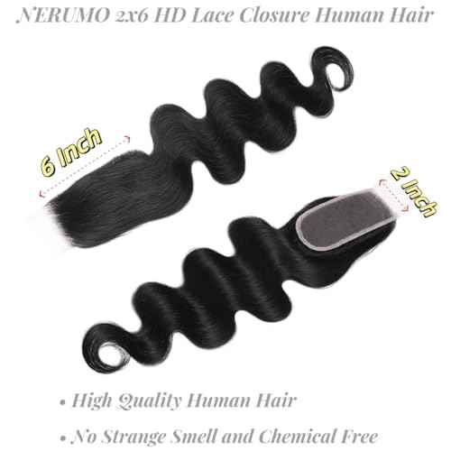 2x6 HD Lace Closure Body Wave Human Hair Transparent 2 by 6 HD Lace Closure 22Inch 100% Brazilian Virgin Unprocessed Middle Part Human Hair Kim K Closure With Baby Hair Natural Color