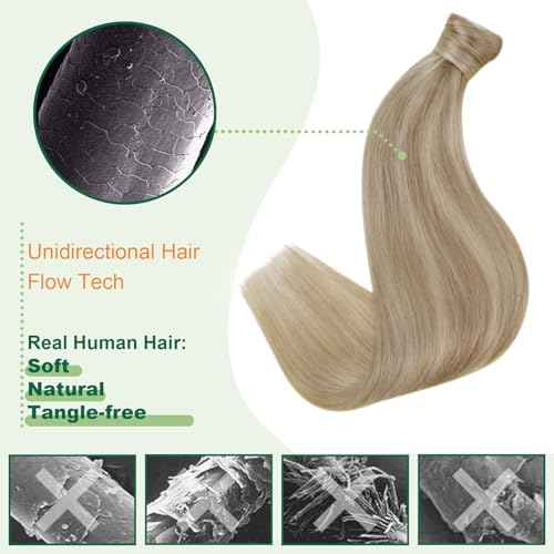Easyouth Ponytail Extension Human Hair Blonde Pony Tails Hair Extensions Golden Blonde Highlighted Blond Wrap Around Ponytail Extensions for Women 12 Inch 70g