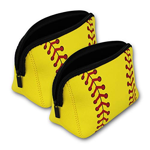 KNITPOPSHOP Baseball Softball Make Up Bag Cosmetics Toiletries Neoprene washable zipper women girls mom gift team player (Softball 2 Pack)