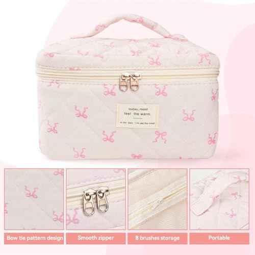 Large Travel Quilted Makeup Bag£¬Cute Bow Cotton cosmetic bag, Fashionable aesthetic makeup bag,Coquette Aesthetic Floral Travel Toiletry Bag for Women and Girls