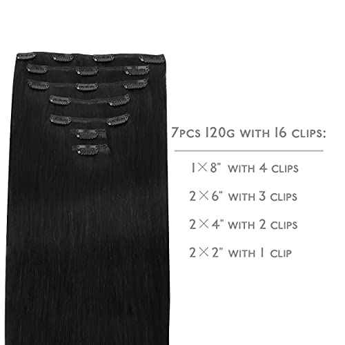 Wennalife Clip in Jet Black 16 Inch 120g 7pcs Human Hair Extensions Remy Clip in Hair Extensions Double Weft