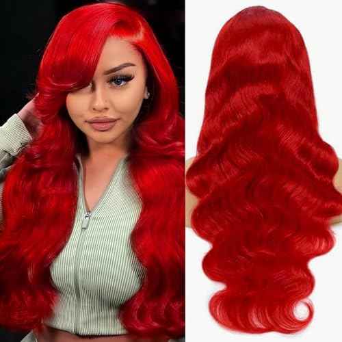 Red Lace Front Wigs Human Hair 13x4 HD Transparent Body Wave Human Hair Lace Front Wig Pre Plucked Red Colored Glueless Human Hair Lace Frontal Wigs for Women 16 Inch