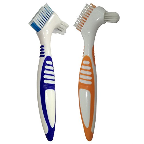 Gus Craft 2-Pack Denture Cleaning Brush Set- Premium Hygiene Denture Cleaner Set For Denture Care- Top Denture Cleanser Tool w/Multi-Layered Bristles & Ergonomic Rubber Handle (Blue and Orange)