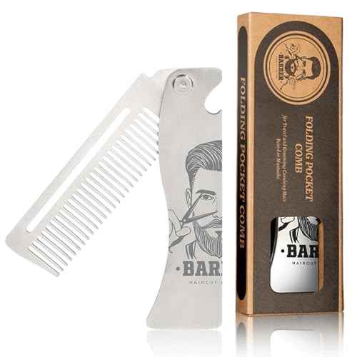 Metal Hair & Beard & Mustache Comb, Multifunctional Folding EDC Pocket Comb With Bottle Opener - Anti-Static for Travel and Everyday Grooming Styling - Silver