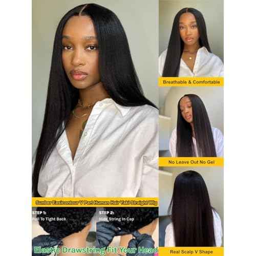 Sunber EasiContour Yaki Straight V Part Human Hair Glueless Wigs with Drawstring No Leave Out No Gel 180% Density Vpart light yaki straight Clip In Half Wigs No Leave Out Real Scalp V Shape 20Inch