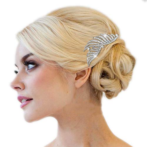 EVER FAITH Women's Austrian Crystal Bridal Elegant 2 Peacock Feather Hair Comb Clear Silver-Tone