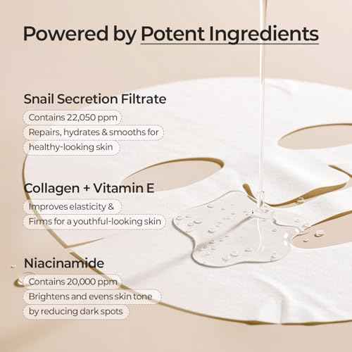 MOTHER MADE Glowing Glass Skin Hydrating Snail Deep Collagen Face Masks Set of 20 EA, with Niacinamide 2%, Vitamin E, Facial Mask for Dry, Sensitive Skin, Self Care, Korean Skincare