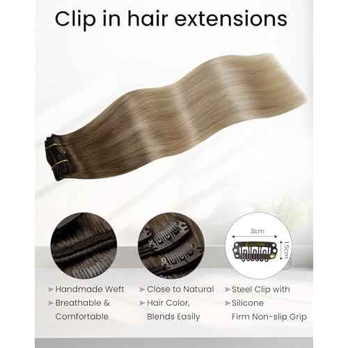 LaaVoo Clip in Hair Extensions Real Human Hair Light Brown to Ash Blonde Mix Platinum Blonde Balayage Human Hair Clip in Extensions 20 Inch 5pcs/80g