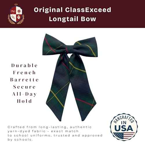Extra Large Long Tail Jumbo Size School Uniform Plaid Girls Hair Bow with French Barrette (Green Navy Yellow red *Plaid #55*)