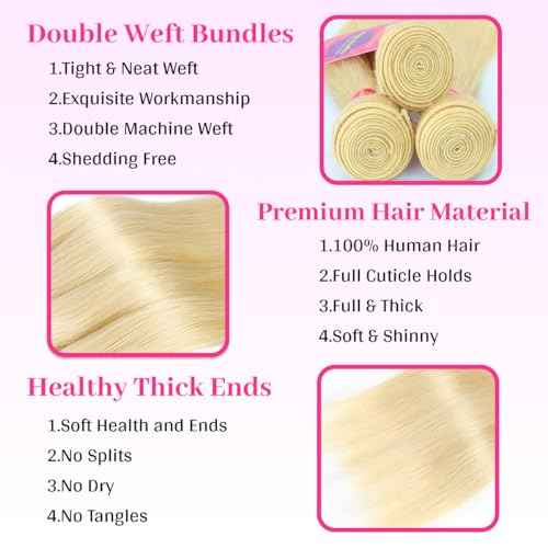 613 Straight Bundles Human Hair 16 18 20 Inch Blonde Bundle Human Hair 3 Bundles 14A Grade 100% Unprocessed Brazilian Virgin Raw Hair Weave Extensions for women 100g