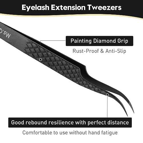 Ms.Queen Lash Tweezers for Eyelash Extensions,Set of 5,Fiber Tip Curved 45 90 Degree and L-Shape Boot Lash Tweezers for Mega Volume & Classic Lashes,Black