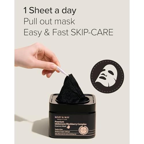 Mary&May Premium Idebenone Blackberry Complex Essence Mask - Quick Dispenser Type Anti Aging Korean Face Mask Sheet - Vitamin C, Panthenol, and Ceramide for Moisturizing and Radiant Skin, 20 Sheets