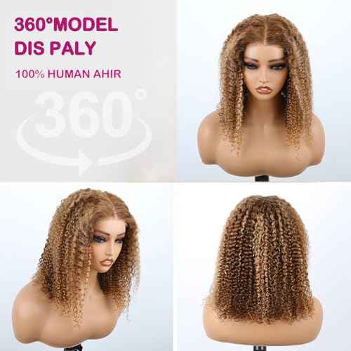 16 inch Wear and Go Glueless Wig Ombre Highlight 4/27 Kinkycurly Wigs Pre Cut Transparent Lace Wig human hair Pre Plucked,Natural Hairline for Women 200% Density