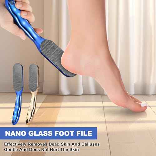 2pcs Hard Skin Remover Nano-Glass Foot File, Nano Glass Foot File with Non-Slip Ergonomic Handle, Professional Foot Care Tools (Gold+Blue)