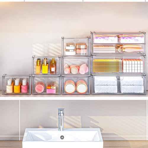 Acrylic Storage Drawers Set of 6, Clear Makeup Organizer, Plastic Organizer Bins for Beauty Supplies,Ideal for Vanity, Bathroom,Cabinet,Pantry Organization