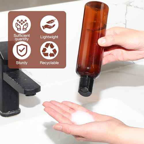 Mimorou 50 Pcs 8.5 oz Plastic Squeeze Bottle with Disc Top Flip Cap Empty Amber Refillable Container Small Travel Toiletry Bottle with Black Cap for Lotion Shampoo Oil Body Soap Creams